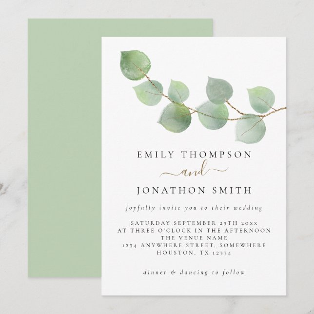 Minimalist Green Gold Eucalyptus Wedding Invitation (Front/Back)