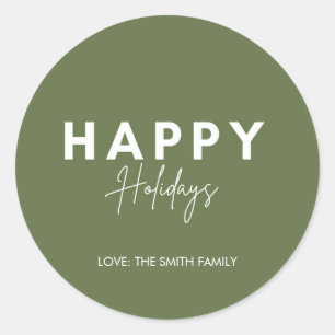 Minimalist Green Happy Holidays Personalise Classic Round Sticker