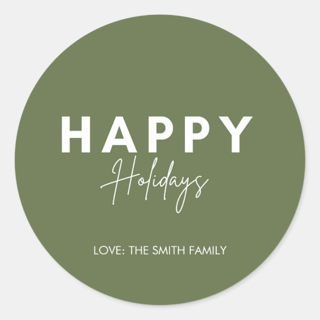 Minimalist Green Happy Holidays Personalise Classic Round Sticker (Front)