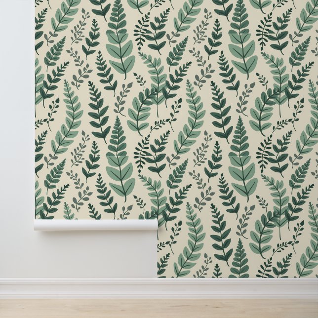 Minimalist Green Leaf Botanical Pattern Wallpaper (Application)