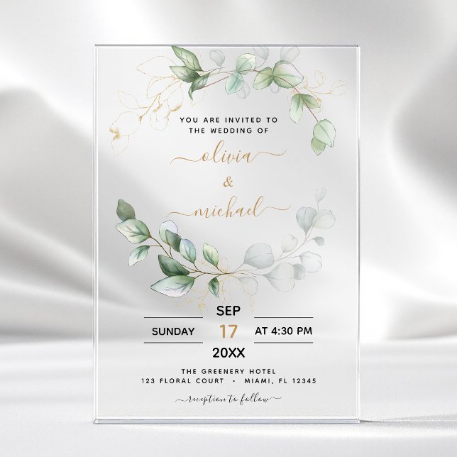 Minimalist Green Leaf  Modern Eucalyptus Wedding Acrylic Invitations (Creator Uploaded)