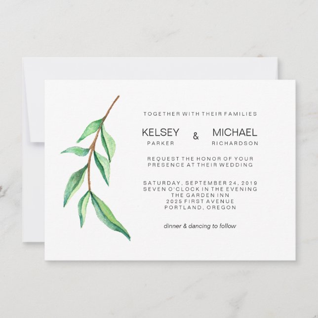 Minimalist Green Leaves Modern Wedding Invitation (Front)