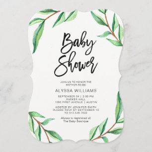 Minimalist Green Leaves on White Baby Shower Invitation