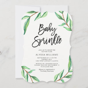 Minimalist Green Leaves on White Baby Sprinkle Invitation