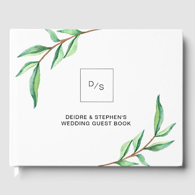 Minimalist Green Leaves on White | Wedding Guest Book (Front)
