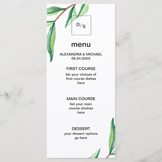 Minimalist Green Leaves on White Wedding Menu (Front)