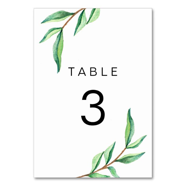 Minimalist Green Leaves on White Wedding Table Number (Front)