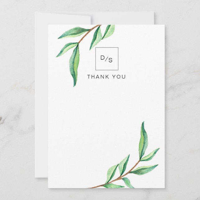 Minimalist Green Leaves on White Wedding Thank You Card (Front)