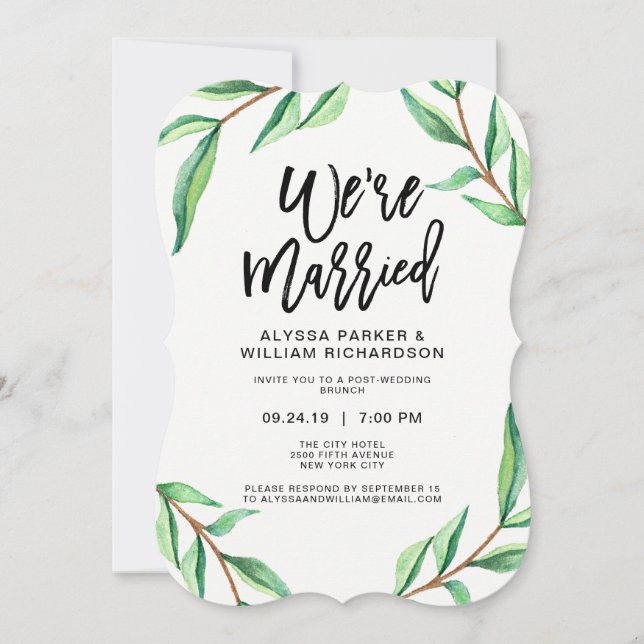 Minimalist Green Leaves on White | We're Married Invitation (Front)