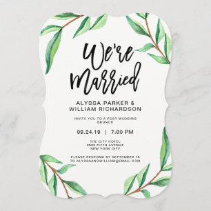 Minimalist Green Leaves on White   We're Married Invitation