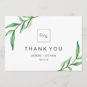 Minimalist Green Leaves   Thank You with Monograms Card