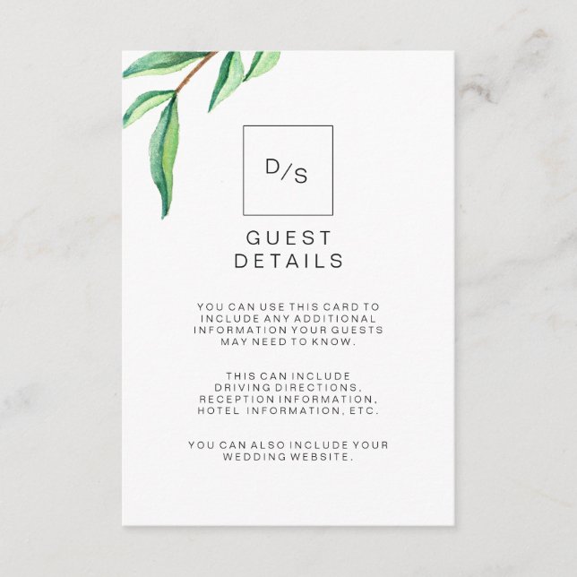 Minimalist Green Leaves Wedding Guest Details Enclosure Card (Front)