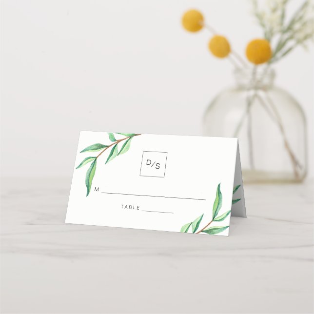 Minimalist Green Leaves Wedding Place Card (Back)
