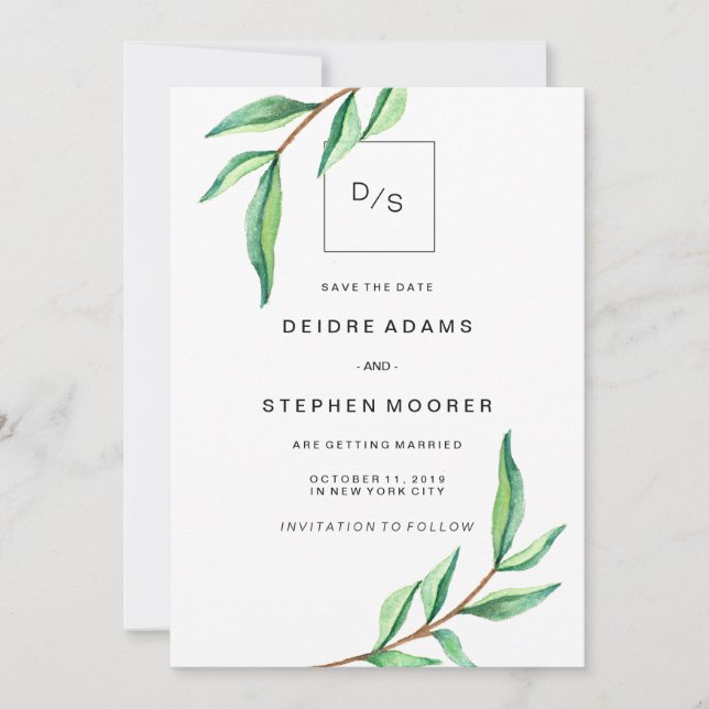 Minimalist Green Leaves with Photo Save the Date (Front)