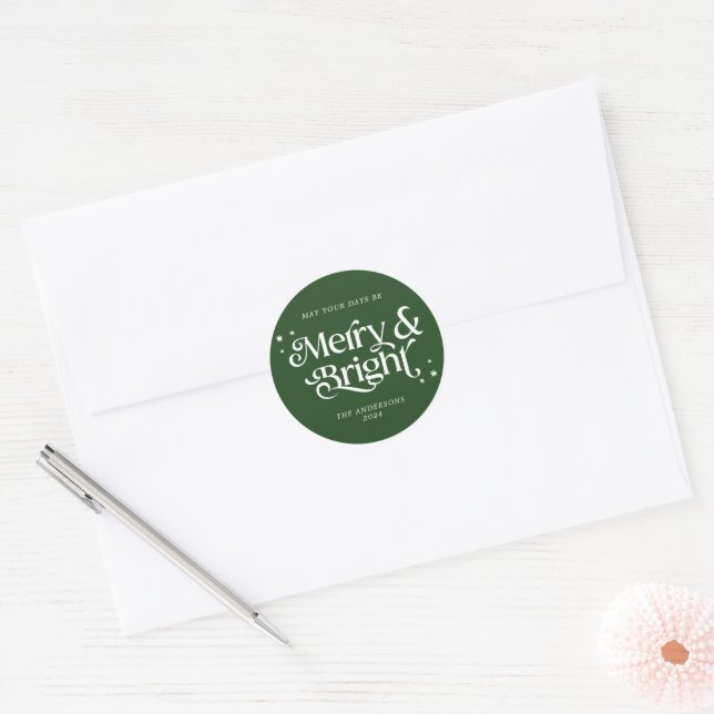 Minimalist Green Merry & Bright Christmas Classic Round Sticker (Envelope)