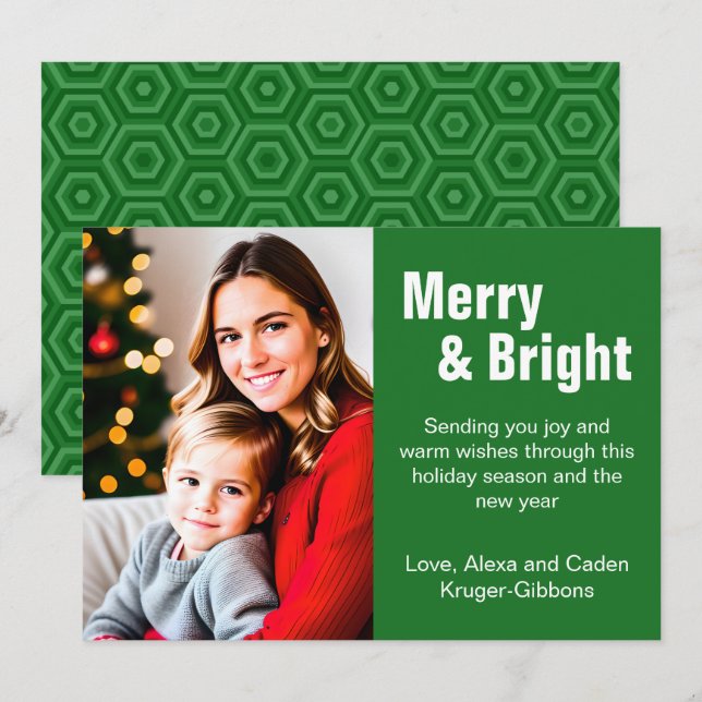 Minimalist Green "Merry & Bright" Photo Holiday Card (Front/Back)