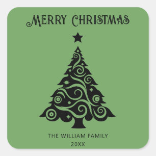 Minimalist Green Merry Christmas Tree Holiday Square Sticker