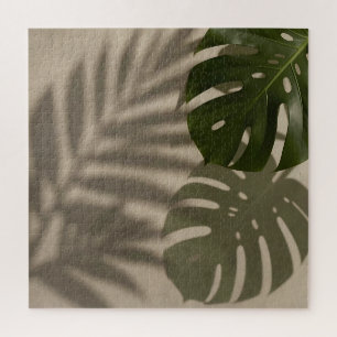 Minimalist Green Monstera Leaf Tropical Shadow Jigsaw Puzzle