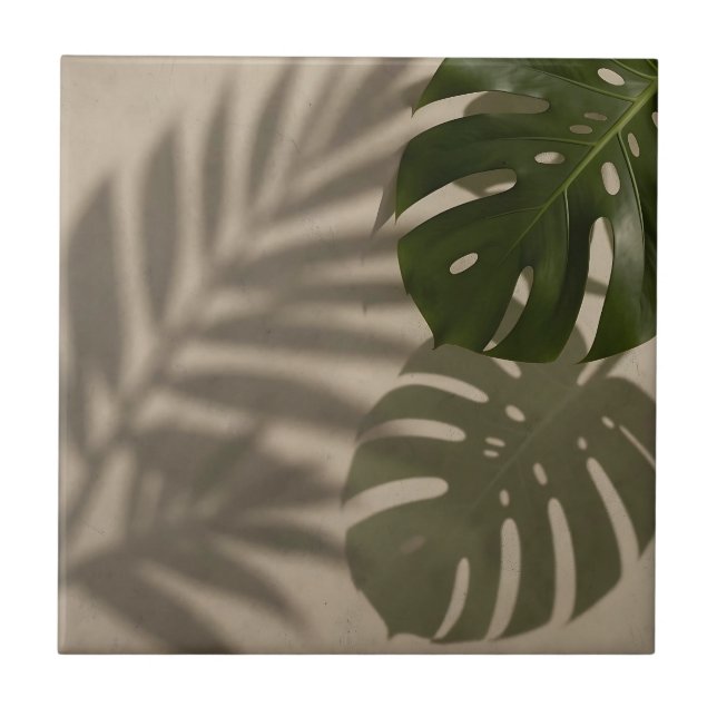 Minimalist Green Monstera Leaf Tropical Shadow Tile (Front)