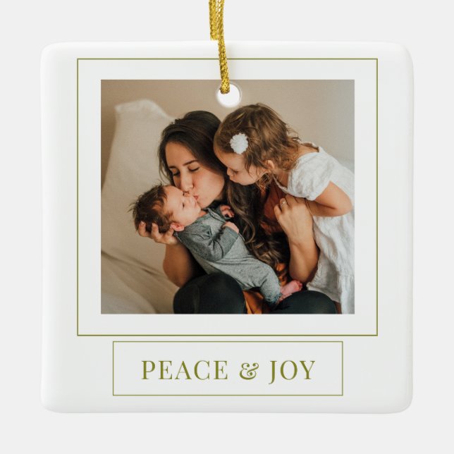 Minimalist Green Peace And Joy Christmas Photo Ceramic Ornament (Front)