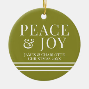 Minimalist Green Peace And Joy Christmas Photo Ceramic Tree Decoration