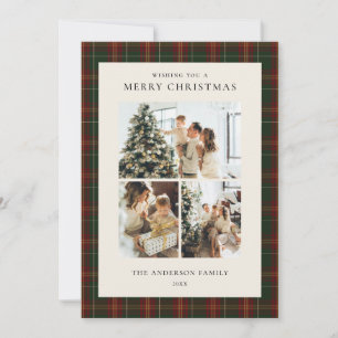 Minimalist Green Plaid Christmas Photo Collage Holiday Card