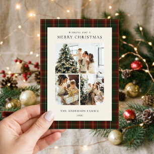 Minimalist Green Plaid Christmas Photo Collage Holiday Card