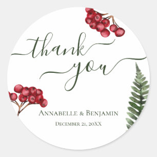 Minimalist Green, Red and White, Berries and Fern Classic Round Sticker