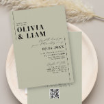 Minimalist Green Sage All One RSVP QR Code Wedding Invitation<br><div class="desc">A minimalist wedding invitation in green sage, for the ultimate modern chic look, includes template space on the back to add wedding details and RSVP QR code to save you money on printing costs . If you need any matching designs that are not in the collection or need any help,...</div>