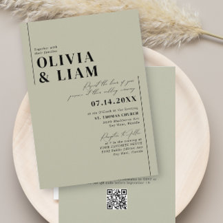Minimalist Green Sage All One RSVP QR Code Wedding Invitation