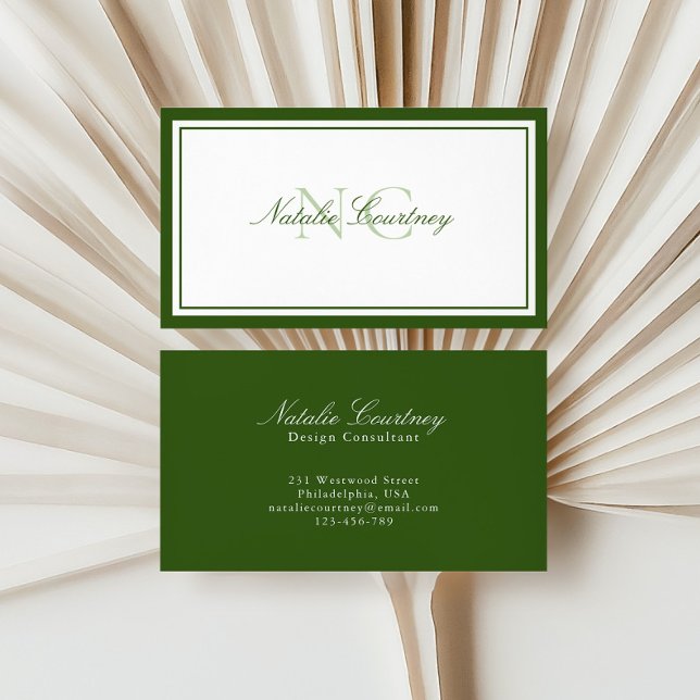 Minimalist Green Two Border Monogram Business Card (Creator Uploaded)