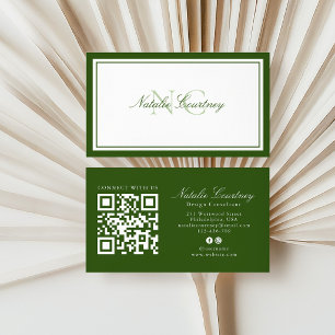 Minimalist Green Two Border Monogram with QR code Business Card