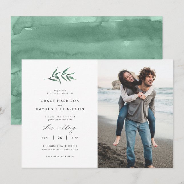 Minimalist Green Watercolor Branch Wedding Photo Invitation (Front/Back)