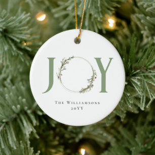 Minimalist Green Watercolor Wreath Joy Christmas Ceramic Tree Decoration
