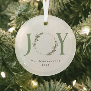 Minimalist Green Watercolor Wreath Joy Christmas Glass Tree Decoration