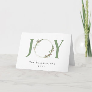 Minimalist Green Watercolor Wreath Joy Christmas Holiday Card