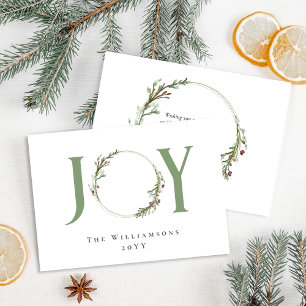 Minimalist Green Watercolor Wreath Joy Christmas Holiday Card