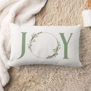 Minimalist Green Watercolor Wreath Joy Christmas Lumbar Cushion