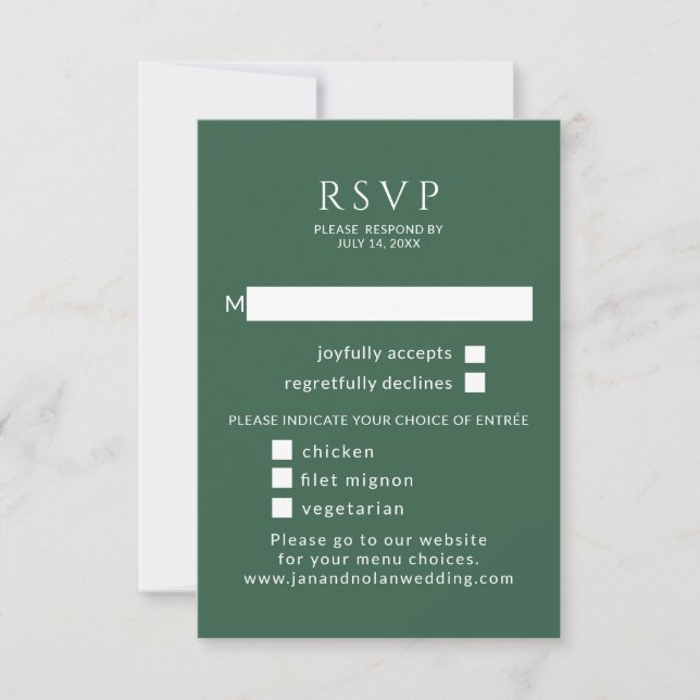 Minimalist. Green wedding RSVP With Meal Choice (Front)