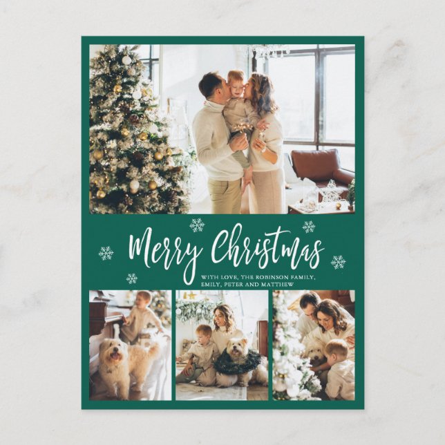 Minimalist Green White 4 Photo Collage Christmas Postcard (Front)