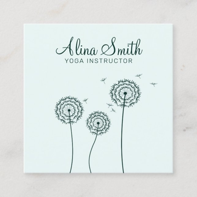 Minimalist Green White Dandelion Flower Yoga QR Square Business Card (Front)