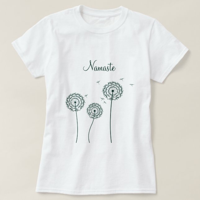 Minimalist Green White Dandelion Yoga Namaste  T-Shirt (Design Front)