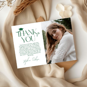 Minimalist Green & White Graduation Photo Thank You Card
