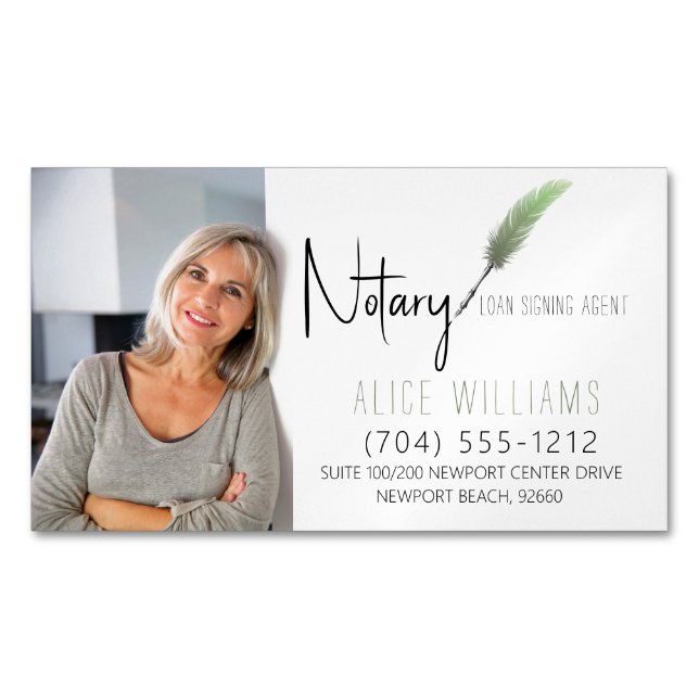 Minimalist Green & White Notary Photo Magnetic Business Card (Front)