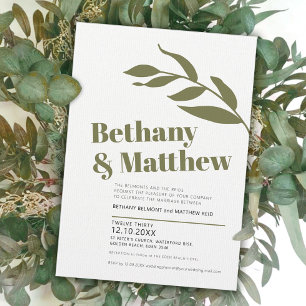 Minimalist green white olive leaves wedding invitation