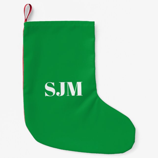 Minimalist green white red Custom monogram Small Christmas Stocking (Front)