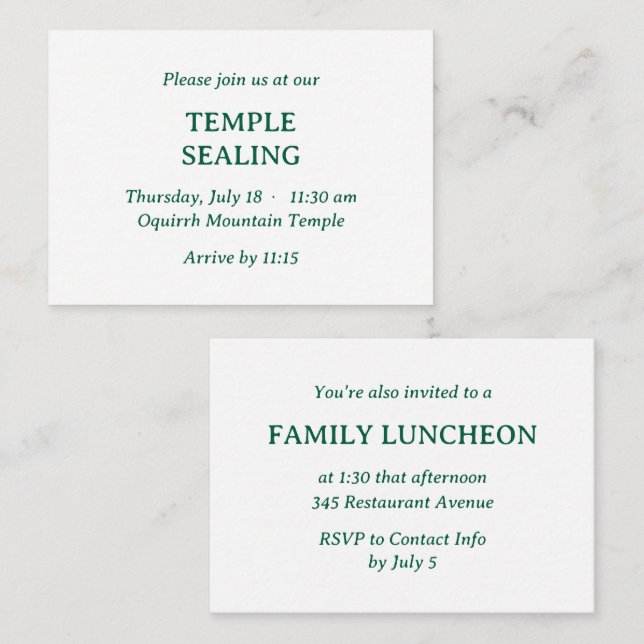 Minimalist Green & White Temple & Meal Invitation (Front/Back)