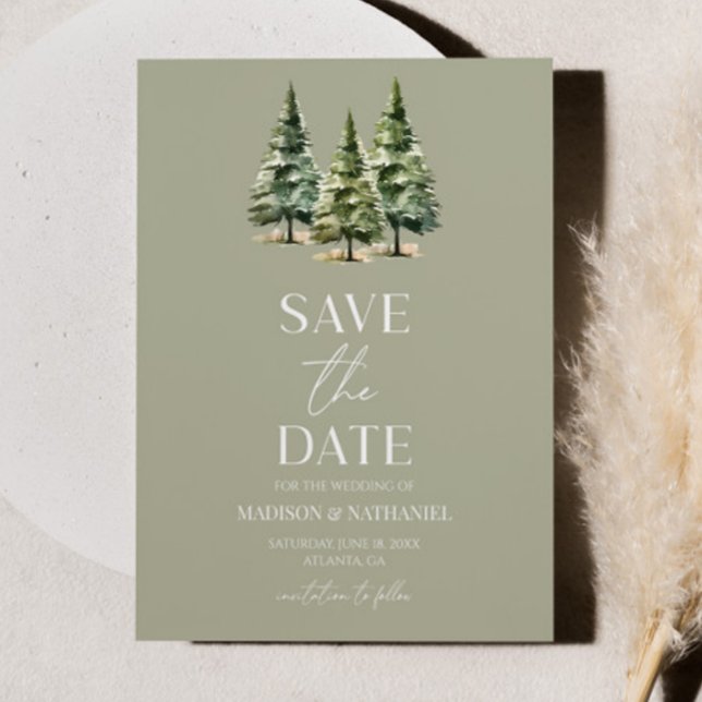 Minimalist Green Winter Snowy Pine Trees Wedding Save The Date (Creator Uploaded)