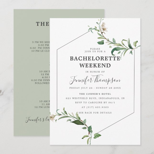 Minimalist Greenery Bachelorette Weekend Itinerary Invitation (Front/Back)