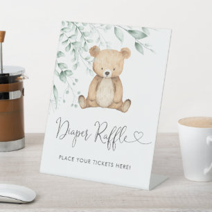 Minimalist Greenery Bear Diaper Raffle Pedestal Sign